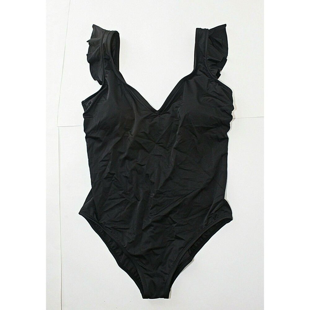 NWT BEACH BETTY 1 PC Swimsuit Sz. L Black Shoulder Flounce Back Ties Sexy #03